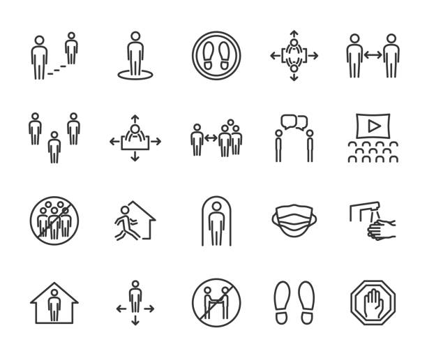 zestaw wektorów ikon linii odległości społecznych. zawiera ikony bezpiecznej odległości, samoizolacji, unikania tłumów, pozostania w domu, rozmowy na odległość, bezpiecznego miejsca pracy i innych. piksel idealny. - vanishing point stock illustrations