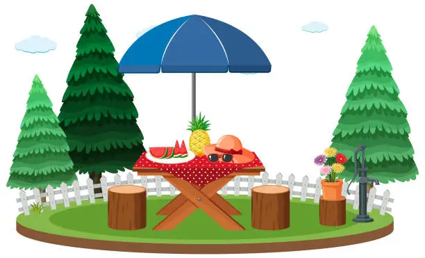 Vector illustration of Picnic scene with food on the table