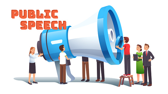 Woman public speech concept. Business managers building hailer. Group of agitators and activists getting ready to use huge loudspeaker to speak loud publicly. Flat style vector character illustration