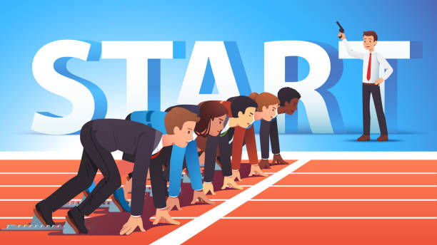 Focused business people group managers & entrepreneurs man, woman standing ready for run sprint competition on race track start line waiting starter pistol signal. Flat vector illustration Focused business people group managers & entrepreneurs man, woman standing ready for run sprint competition on race track start line waiting starter pistol signal. Flat vector character illustration starting gun stock illustrations