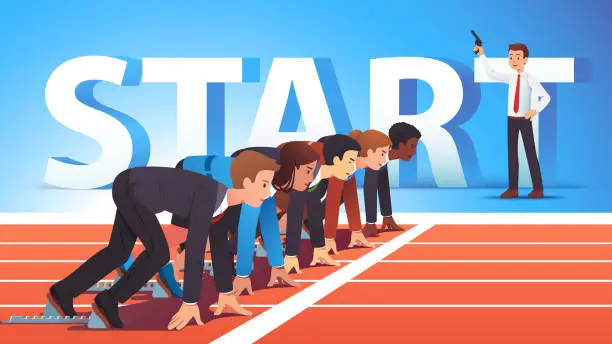 Vector illustration of Focused business people group managers & entrepreneurs man, woman standing ready for run sprint competition on race track start line waiting starter pistol signal. Flat vector illustration