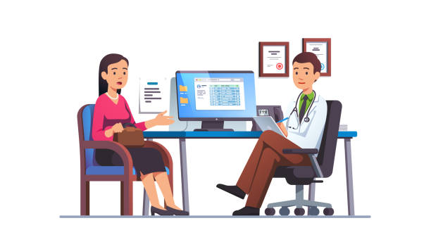 Patient woman talking to primary care physician man at hospital office. Clinic appointment meeting with doctor, having conversation with medic about checkup results. Flat vector illustration Patient woman talking to primary care physician man at hospital office. Clinic appointment meeting with doctor, having conversation with medic about checkup results. Flat vector character illustration doctors office stock illustrations