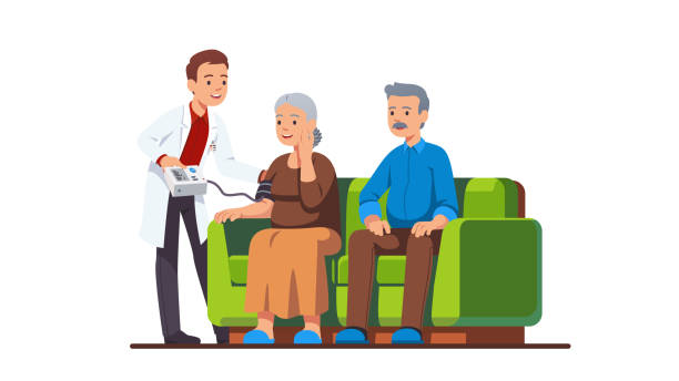 Doctor or nurse visiting elderly people family couple and measuring blood pressure of woman. Old grandmother receiving help & care in monitoring her health at home. Flat vector illustration Doctor or nurse visiting elderly people family couple and measuring blood pressure of woman. Old grandmother receiving help & care in monitoring her health at home. Flat style vector character illustration nurse clipart stock illustrations