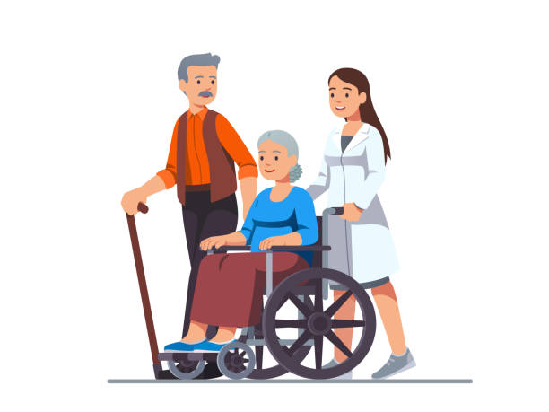 pielęgniarka pcha wózek inwalidzki z chorą lub niepełnosprawną staruszką obok swojego starszego męża chodzącego z laską. osoby starsze para rodzinna otrzymująca pomoc & opieka. ilustracja wektora płaskiego - senior adult senior couple grandparent retirement stock illustrations