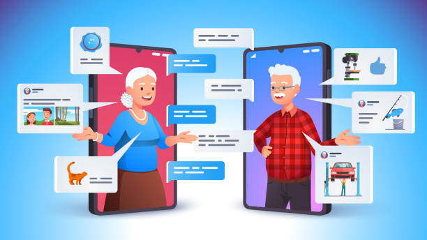 Old aged family couple man & woman communication using smart phone video call. Elderly people talking, chatting, messaging, gossiping on social network topics. Flat vector illustration Old aged family couple man & woman communication using smart phone video call. Elderly people talking, chatting, messaging, gossiping on social network topics. Flat style vector character illustration old ladies gossiping stock illustrations