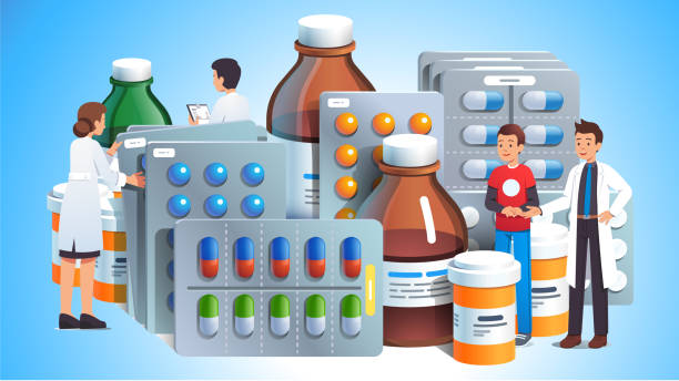 врачи назначают различные лекарства для пациента. большие таблетки, капсулы волдыри, стеклянные бутылки с жидкой медицины и пластиковые тр - patient pill medicine and science container stock illustrations