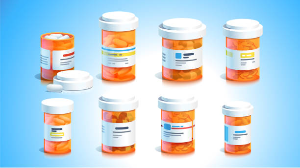 Pill bottles. Open plastic pills tube with cap. Some meds capsules lying down. Drug medication, supplements & medicaments. Flat vector illustration Pill bottles. Open plastic pills tube with cap. Some meds capsules lying down. Drug medication, supplements & medicaments. Realistic flat style vector medicine object illustration capsule collection stock illustrations