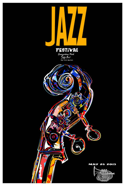 ilustraciones, imágenes clip art, dibujos animados e iconos de stock de cartel del festival de jazz con pergamino de contrabajo - jazz