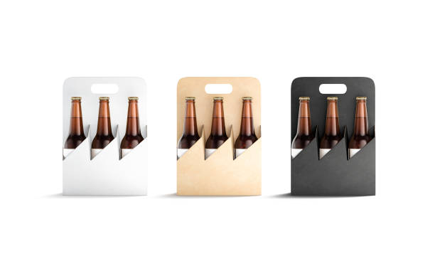 Blank black, white and craft cardboard holder for bottle mockup Blank black, white and craft cardboard holder for bottle mockup set, 3d rendering. Empty paperboard container for glass beer botle mock up, isolated, front view. Clear folding box mokcup template. case beer stock pictures, royalty-free photos & images