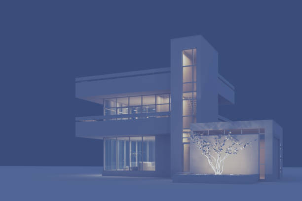 istock Modern house with a balcony and a high staircase, project in gray materials with night lighting and light from the windows on a gray background. 3D stock illustration. 1224143825