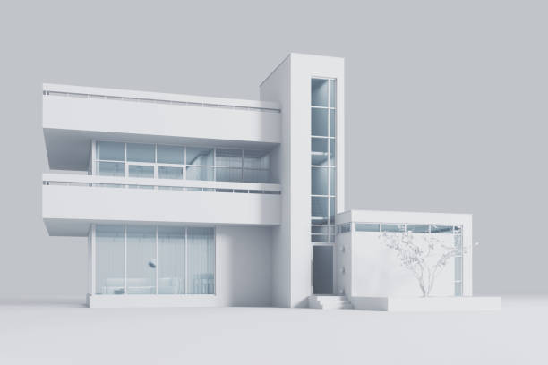 istock Modern house with a balcony and a high staircase, project in gray materials with daylight. 3D stock illustration. 1224144101