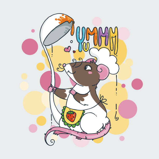 ilustrações de stock, clip art, desenhos animados e ícones de yumm. rat chef with a spoon. cute kitchen mouse - cartoon chef mouse rat