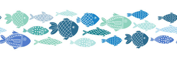 Blue fishes seamless vector border. Doodle line art ocean animal repeating pattern. Blue fishes seamless vector border. Doodle line art ocean animal repeating pattern. Marine children summer decor. use for fabric trim, kids wear, ribbon, footer, duct tape, cards, flyers fish designs stock illustrations