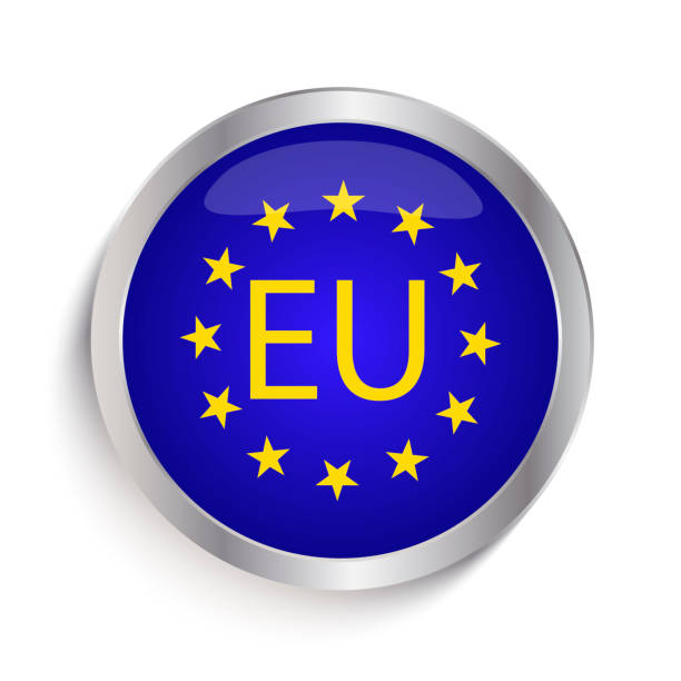 강철 스트로크와 유럽 연합 기호와 문자 "eu"의 이미지와 독특한 파란색 버튼. 벡터 그림입니다. 스톡 사진. - allegory painting stock illustrations