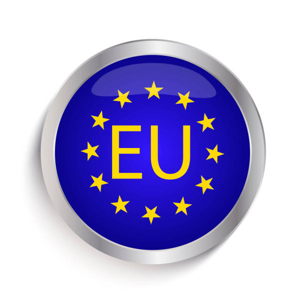 Unique blue button with steel stroke and image of European Union sign and the letters "EU". Vector illustration. Stock Photo. Unique blue button with steel stroke and image of European Union sign and the letters "EU". allegory painting stock illustrations