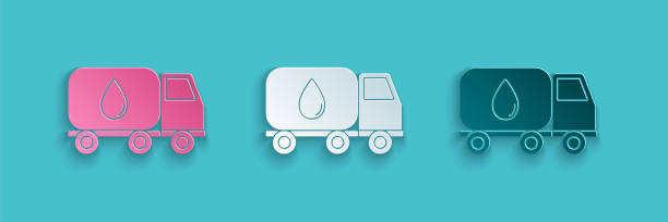 Paper cut Water delivery truck icon isolated on blue background. Paper art style. Vector Illustration Paper cut Water delivery truck icon isolated on blue background. Paper art style. Vector Illustration symbol fuel and power generation fossil fuel fuel pump stock illustrations