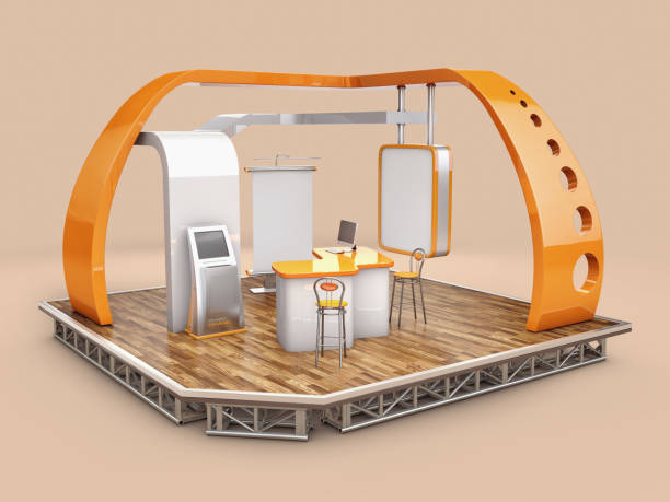 istock 3d Rendering of stand, design with table and chair, info board, roll up. Clipping path included 1224147543