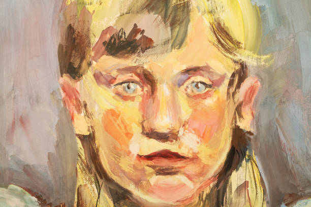 istock Fashionable illustration allegory of tenderness spring modern art impressionism my oil painting on canvas horizontal portrait face look of a little girl with light gray  eyes with blond long hair on a light background 1224149708