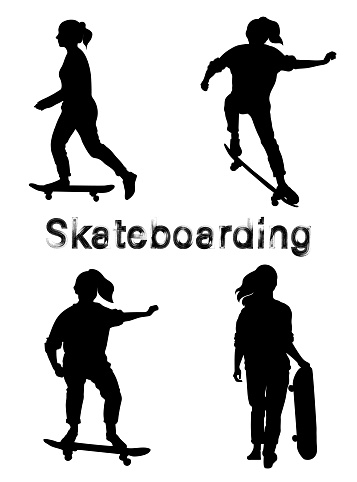 Set of black skate girl silhouettes. Skate trick ollie. Skateboarder is rides, pushes off the ground, jumping, standing on the board. Isolated vector illustration. Grunge style textured text.