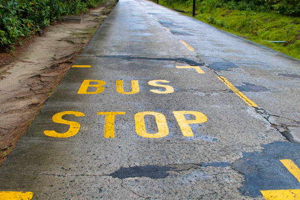 istock Bus stop yellow paint on the asphalt. 1224151571