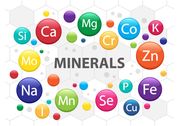 mineral ergänzung set. 3d multivitamin-komplex für die gesundheit. vitamin-symbole. calcium magnesium zink eisen mangan kobalt kupfer kalium molybdänit chrom silizium selen. vektor - capsule vitamin pill letter k medicine stock-grafiken, -clipart, -cartoons und -symbole