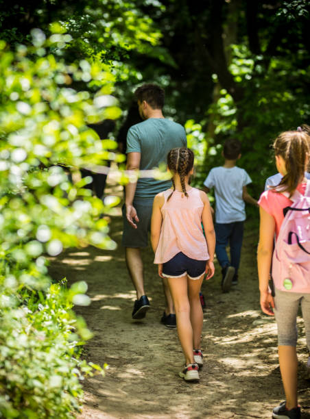 istock Father and children are walking in the forest 1224154555
