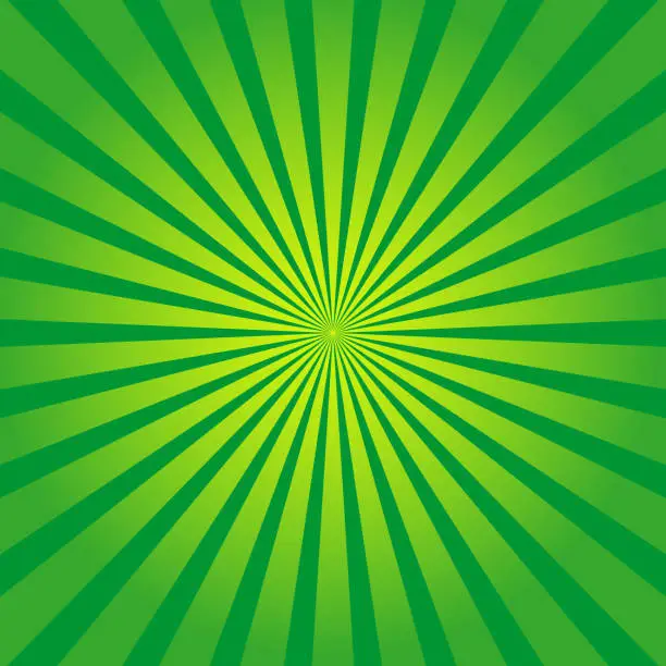 Vector illustration of Green background with yellow rays. Sun burst and starburst. Retro texture with light sunburst. Abstract pattern with sunlight. Art with green and yellow stripes. Organic color. Comic poster. Vector