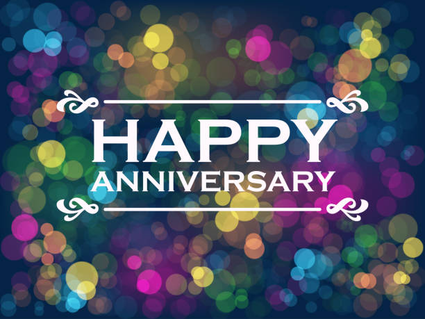 HAPPY ANNIVERSARY! colorful typography greeting card HAPPY ANNIVERSARY! vector typography on colorful bokeh light background anniversary card stock illustrations