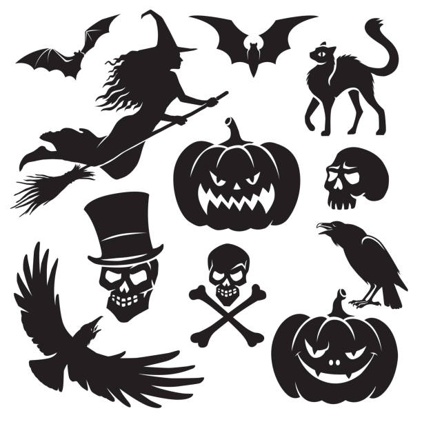 Halloween silhouette set Halloween black silhoette set isolated vector illustration halloween bird stock illustrations
