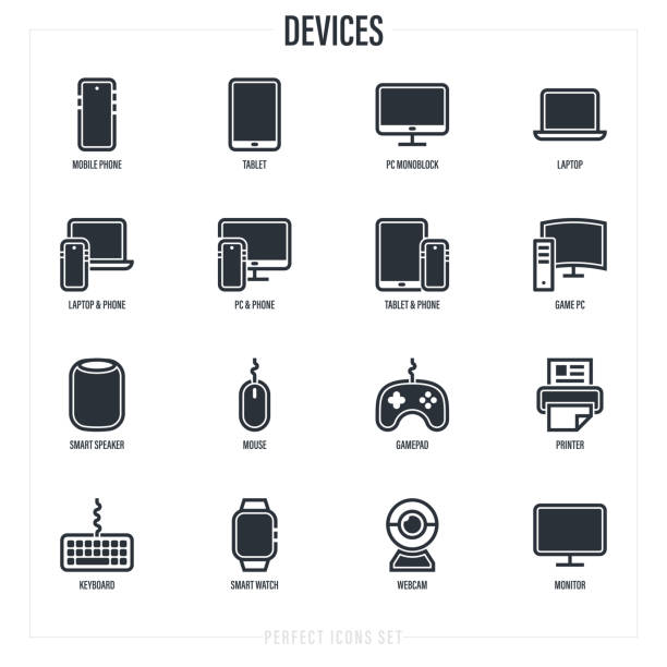 illustrazioni stock, clip art, cartoni animati e icone di tendenza di set di dispositivi: smartphone, tablet, laptop, pc monoblocco, pc da gioco, gamepad, monitor, mouse, tastiera, webcam, stampante, smart watch, altoparlante intelligente. icona linea sottile. illustrazione vettoriale. - video game pc sign portable information device