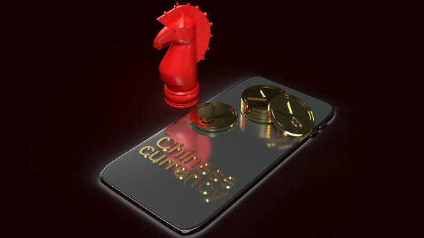 mobile e monete d'oro rosso cavaliere scacchi rendering 3d per la valuta cinese - coin china japanese currency finance foto e immagini stock