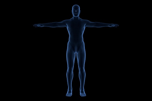 Blue neon outline of the male human body