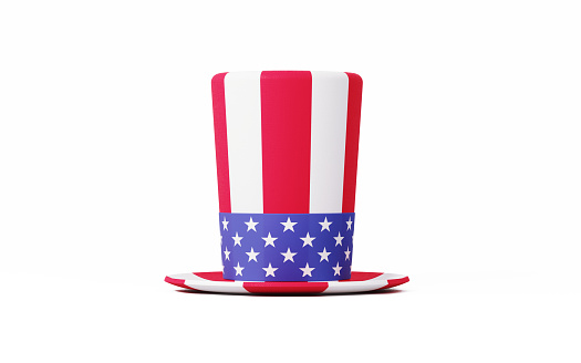 Patriotic American hat textured with American flag on white background. Horizontal composition with copy space. Front view.