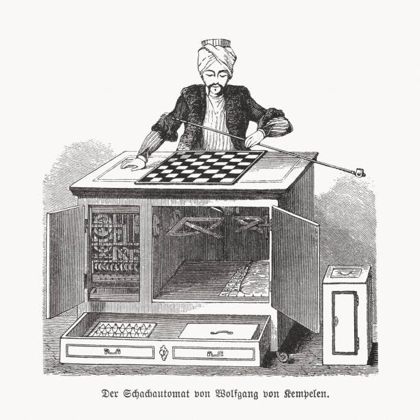 ilustraciones, imágenes clip art, dibujos animados e iconos de stock de ajedrecista de autómata por wolfgang von kempelen, xiloque, publicado en 1893 - von