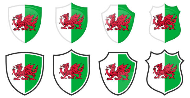 ilustraciones, imágenes clip art, dibujos animados e iconos de stock de bandera vertical de gales en forma de escudo, cuatro versiones 3d y simples. icono / signo galés - welsh flag