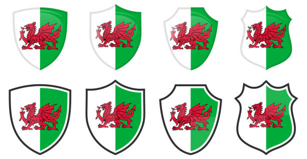방패 모양의 수직 웨일즈 플래그, 네 개의 3d 및 간단한 버전. 웨일스어 아이콘 / 기호 - welsh flag stock illustrations