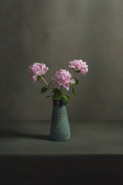 istock Pink peonies in a vintage pottery vase on a table in a grey room. 1224157089