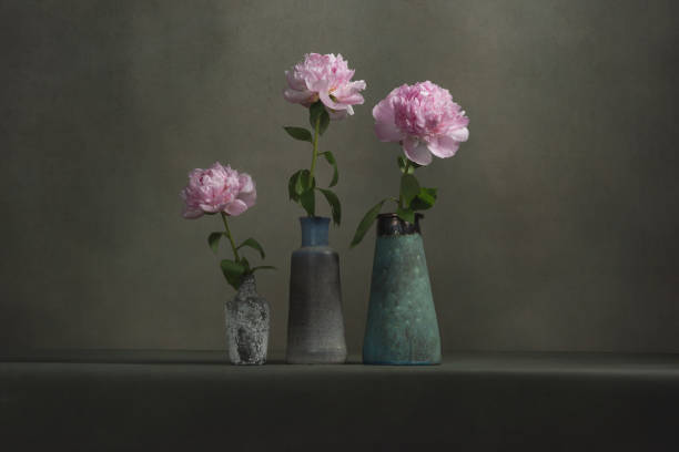 istock Three vintage pottery vases with pink peonies on a table in a grey room. 1224157119