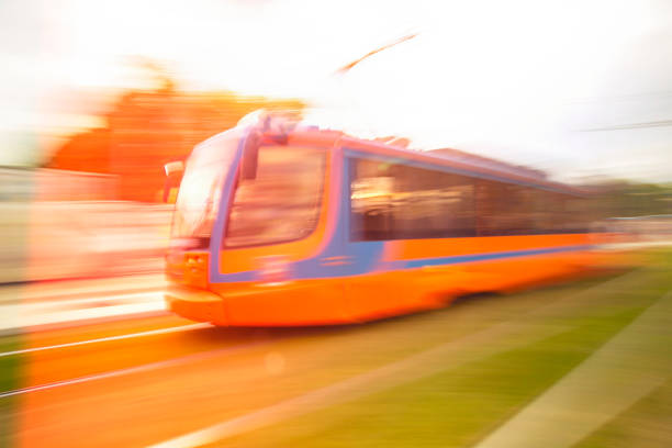 istock High speed passenger train in motion on railroad. A tram with motion blur effect. 1224157209