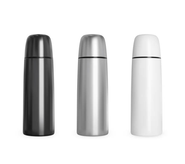 Black and white metal thermos. Realistic vector mockup. Black and white metal thermos. Realistic vector mockup flask stock illustrations