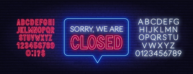 Sorry we are closed neon sign. Neon alphabet on brick wall background. Vector illustration.