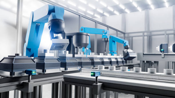 Modern production line with robots Manufacturing line in a factory - 3D rendering industrie stock pictures, royalty-free photos & images