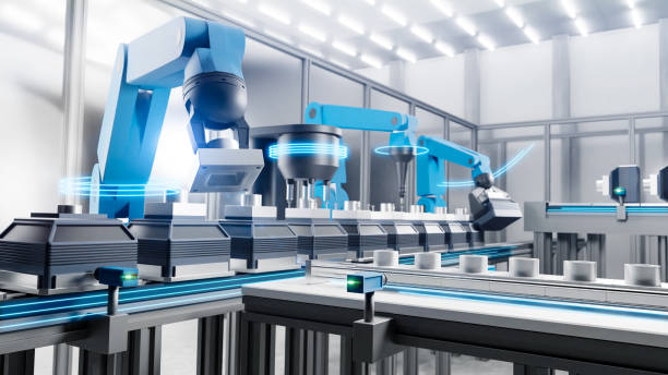 Modern production line with robots Manufacturing line in a factory - 3D rendering industrie stock pictures, royalty-free photos & images