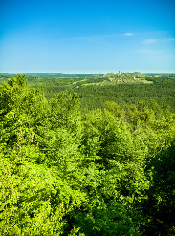 Olsztyn castle ruins - view from Studnisko rock in Sokole Góry. Spring time - fresh green colour of trees and blue sky.