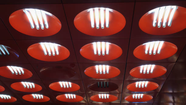istock Red ceiling lamps, fluorescent bulbs, interior design 1224162167