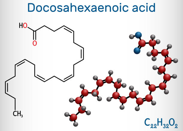 ドコサヘキサエン酸、dha、ドコネキシン、セルボエン酸分子。オメガ3脂肪酸です。構造化学式と分子モデル - fish oil illustrations点のイラスト素材／クリップアート素材／マンガ素材／アイコン素材