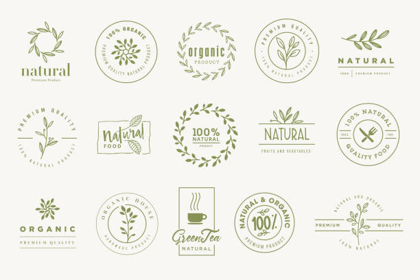 Set of signs for organic and natural products. Vector illustrations for graphic and web design, marketing material, restaurant menu, food and drink,  packaging design. organic logo stock illustrations