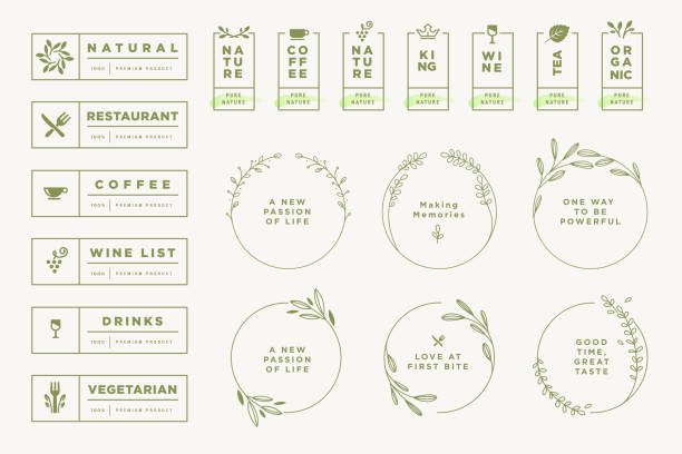 Set of labels and badges for food and drink. Vector illustrations for graphic and web design, marketing material, restaurant menu, natural products presentation, packaging design. grape vine vineyard wine stock illustrations