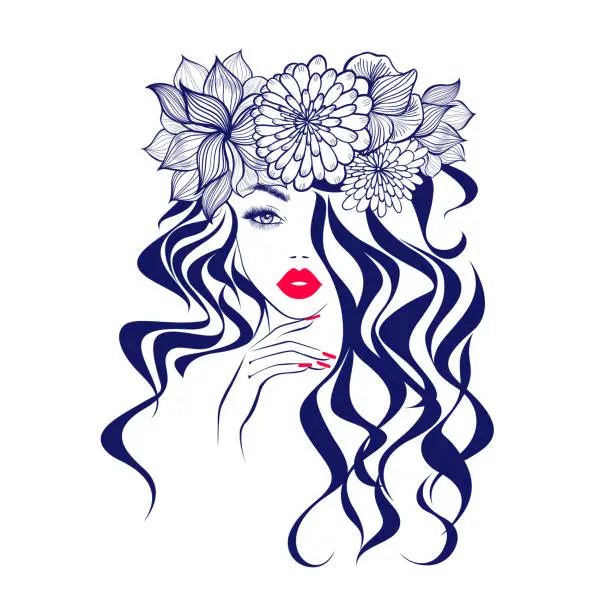 Vector illustration of Beautiful woman face red lips, hand with red manicure nails, long curly hair, stylish hairstyle. Beauty Logo. Vector illustration, diadem flowers, floral motive, spa salon, nails studio.