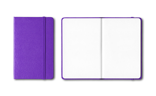 Purple closed and open notebooks isolated on white